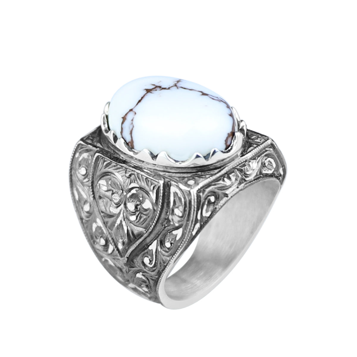 Handgefertigter Herrenring aus weißem Büffel-Türkis mit Gravur auf Silber