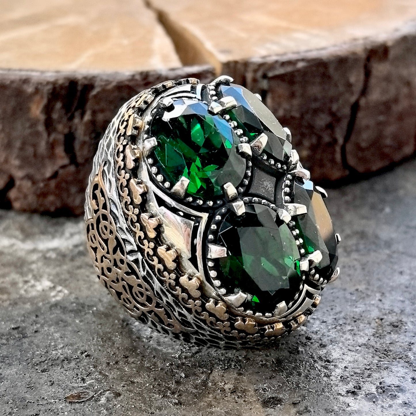 Men 925 Sterling Silver Large Ottoman Style Emerald Ring