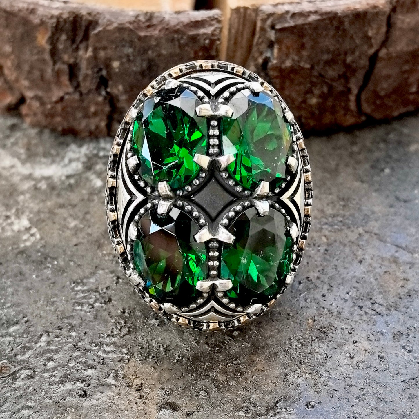 Men 925 Sterling Silver Large Ottoman Style Emerald Ring