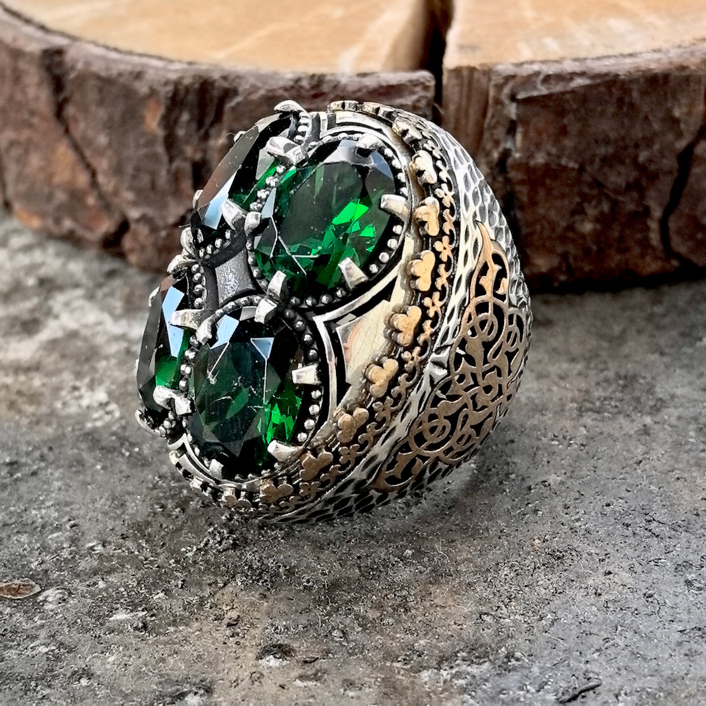 Men 925 Sterling Silver Large Ottoman Style Emerald Ring