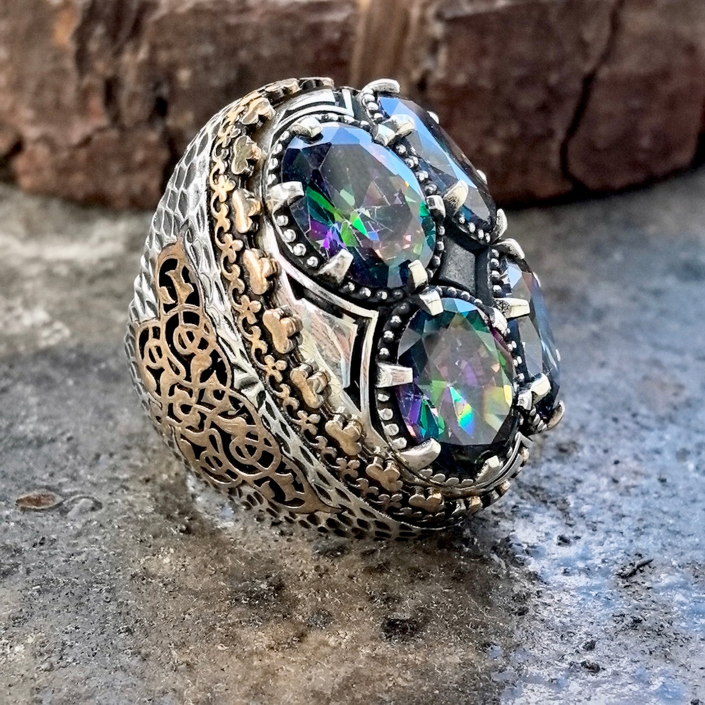 Men Silver Large Mystic Topaz Gemstone Ottoman Style Ring