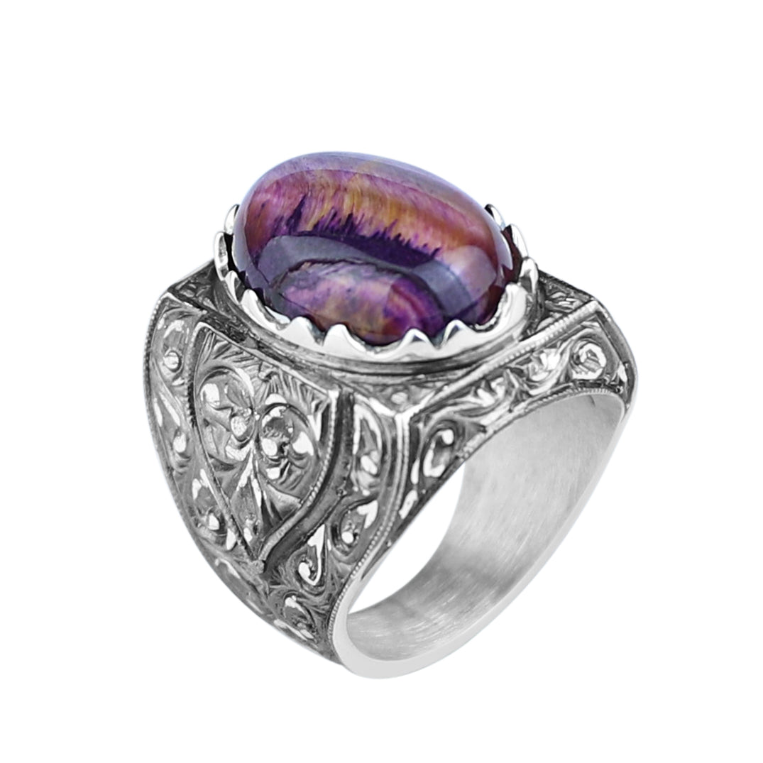 Anillo grabado a mano para hombre con piedra preciosa ojo de tigre púrpura