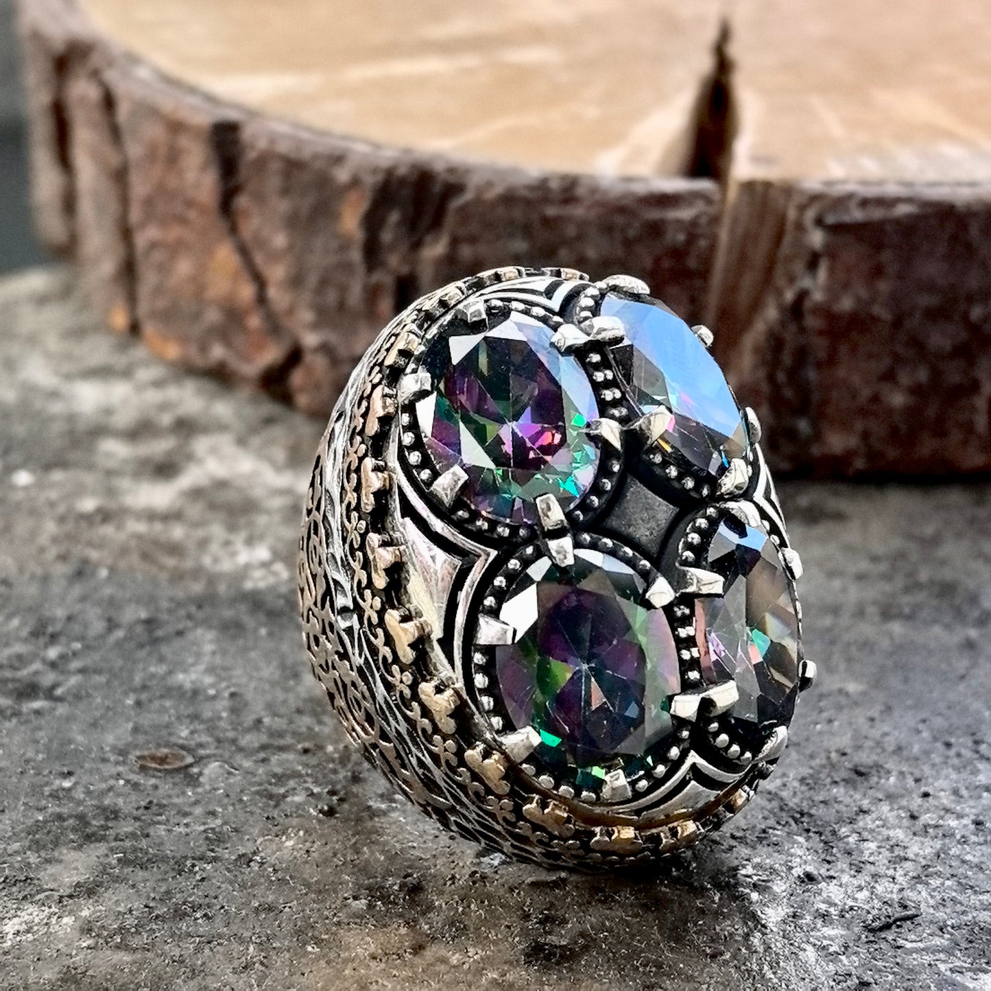 Men Silver Large Mystic Topaz Gemstone Ottoman Style Ring