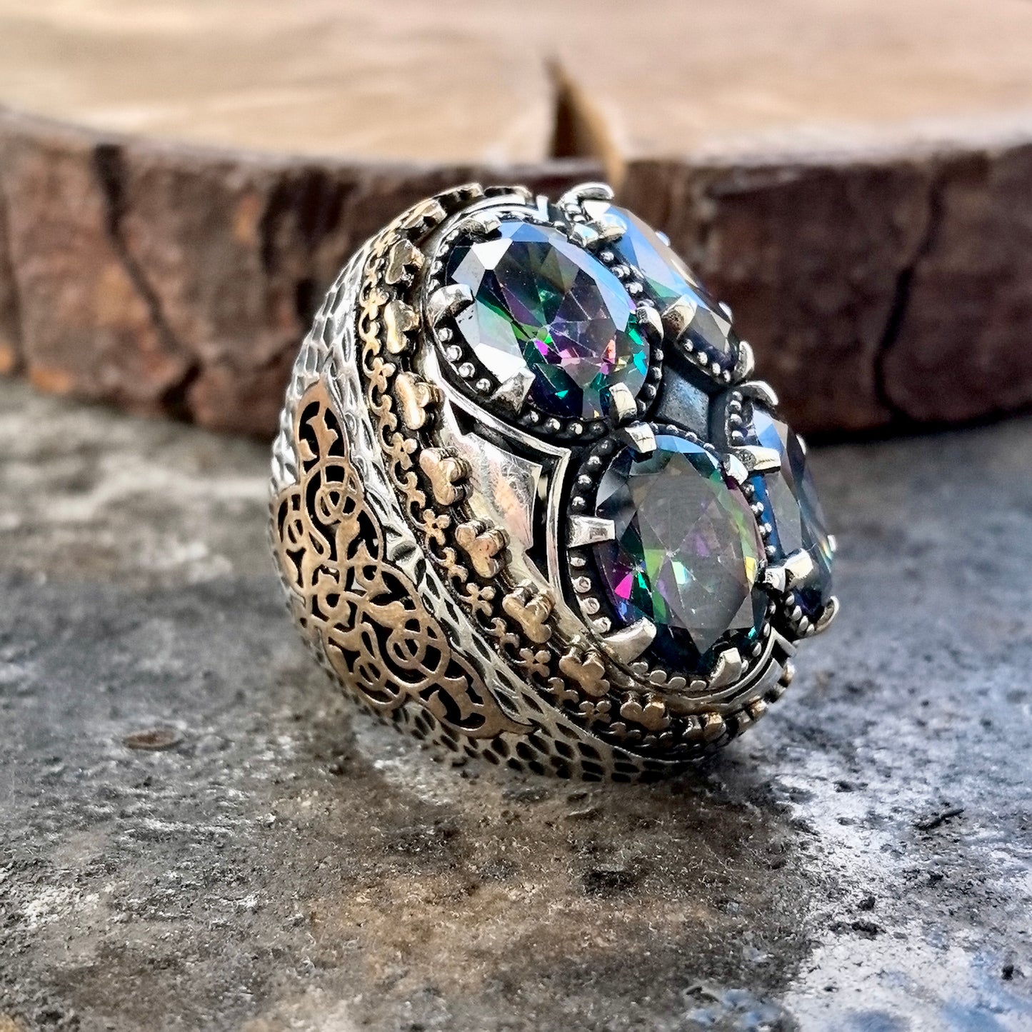 Men Silver Large Mystic Topaz Gemstone Ottoman Style Ring