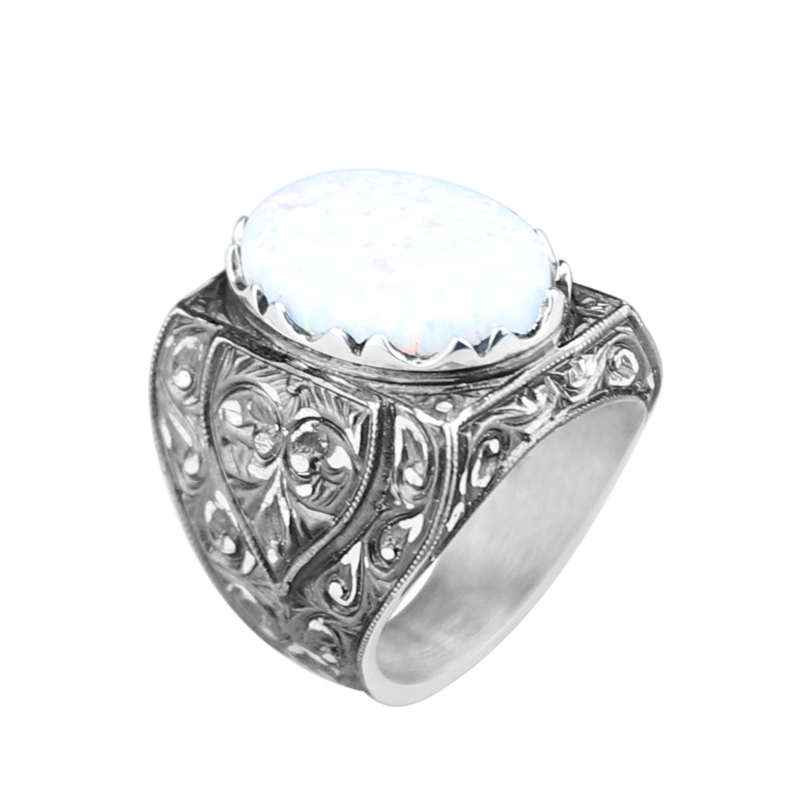 Men Handmade Natural White Opal Gemstone Engraved Ring