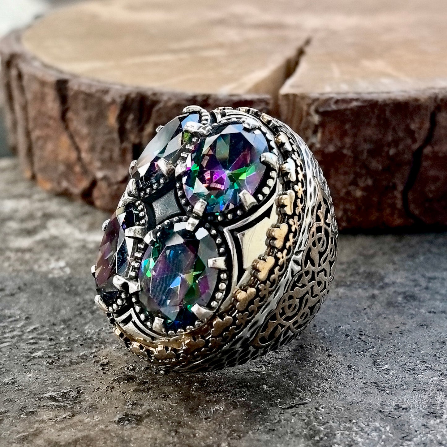 Men Silver Large Mystic Topaz Gemstone Ottoman Style Ring