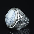 Men Silver White Turquoise Ring, Natural White Turquoise Engraved Ring, Oval Turquoise Sterling Silver Men Ring, 925k Sterling Silver Ring