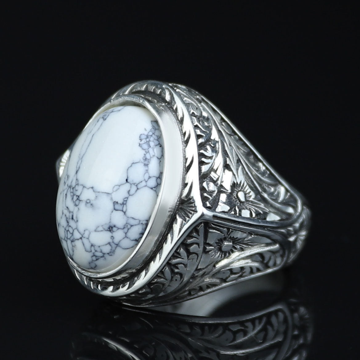Men Silver White Turquoise Ring, Natural White Turquoise Engraved Ring, Oval Turquoise Sterling Silver Men Ring, 925k Sterling Silver Ring