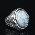 Men Silver White Turquoise Ring, Natural White Turquoise Engraved Ring, Oval Turquoise Sterling Silver Men Ring, 925k Sterling Silver Ring