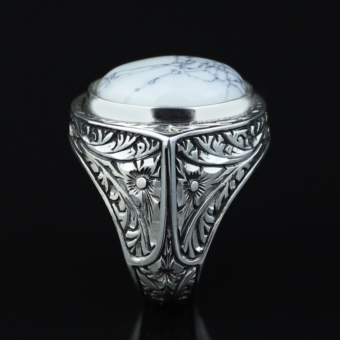 Men Silver White Turquoise Ring, Natural White Turquoise Engraved Ring, Oval Turquoise Sterling Silver Men Ring, 925k Sterling Silver Ring
