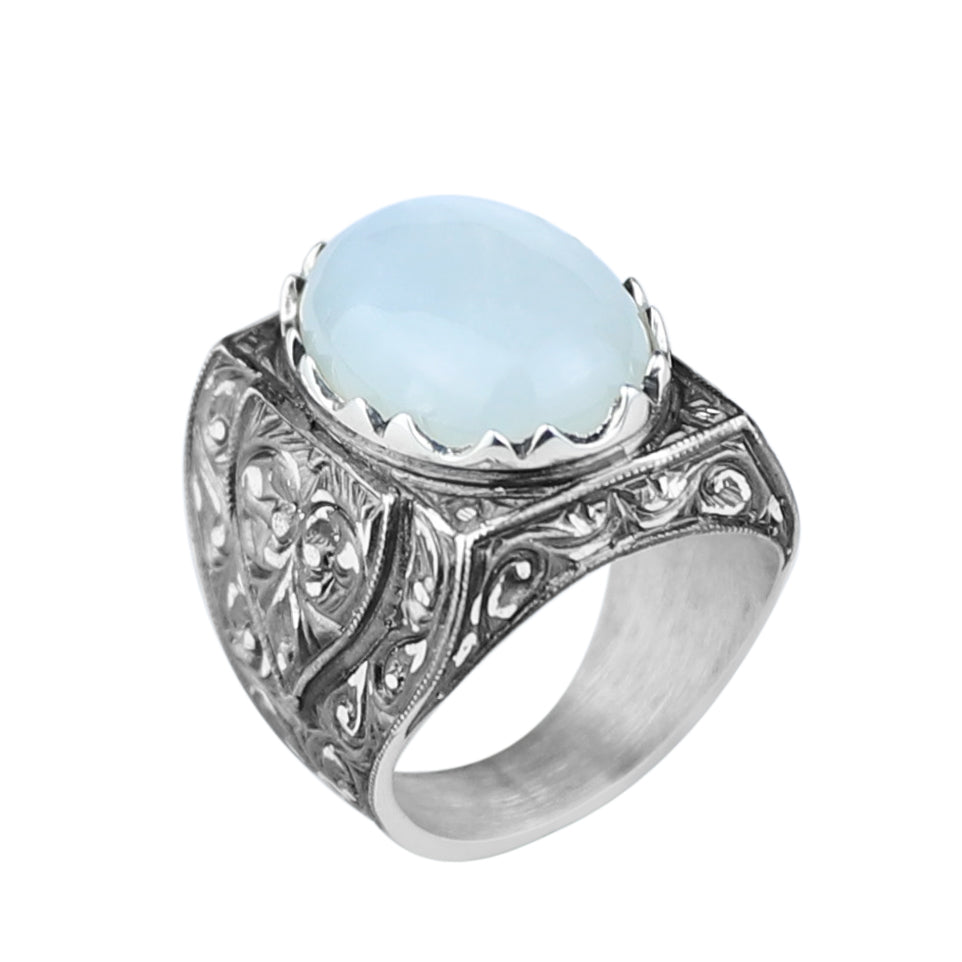 Men Handmade Moonstone Engraved Gemstone Silver Ring