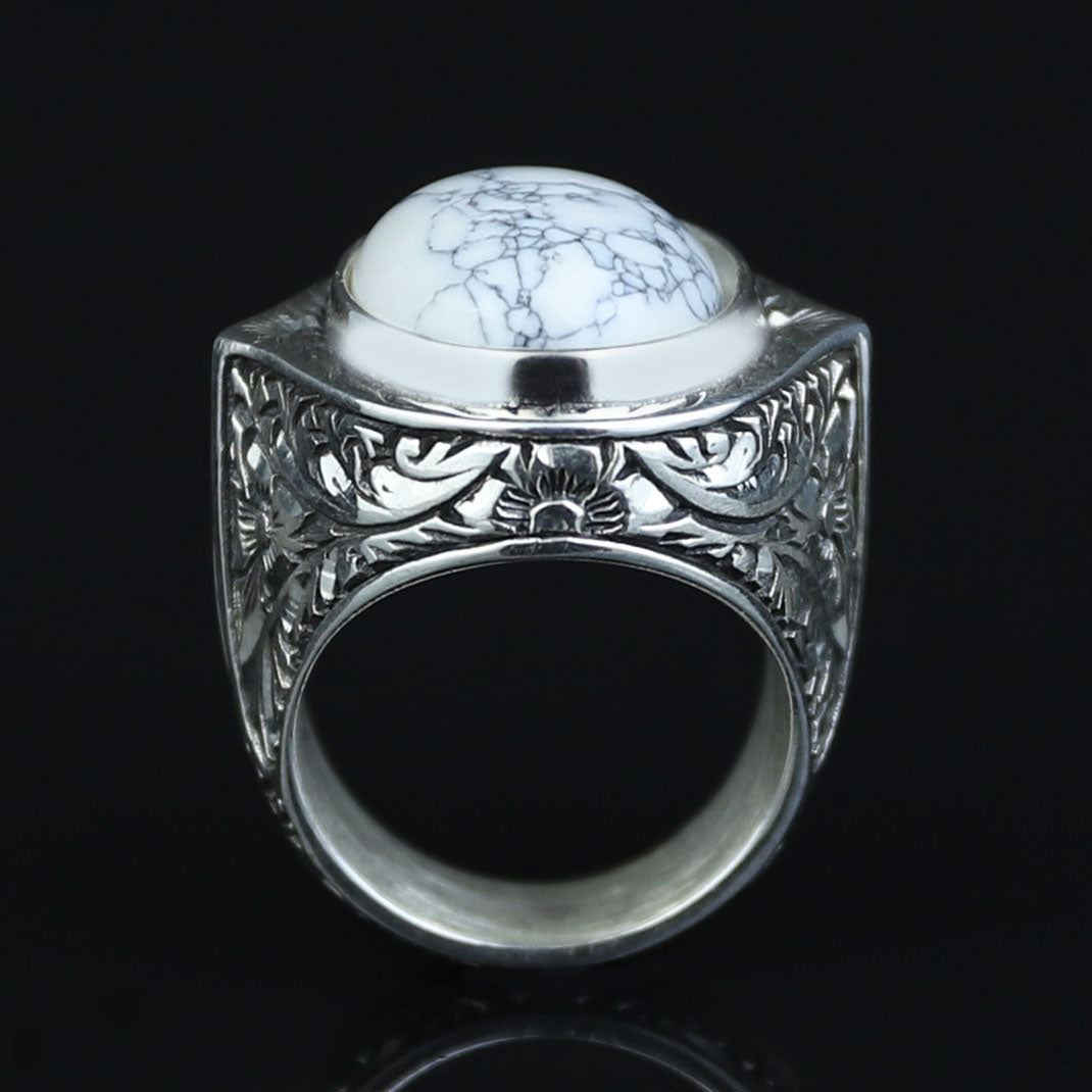 Men Silver White Turquoise Ring, Natural White Turquoise Engraved Ring, Oval Turquoise Sterling Silver Men Ring, 925k Sterling Silver Ring