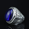 Men's Natural Sapphire Stone Ring, Oval Dark Sapphire Ring, Engraved Handmade Ring, Ottoman Style Ring, 925k Sterling Silver Handmade Ring