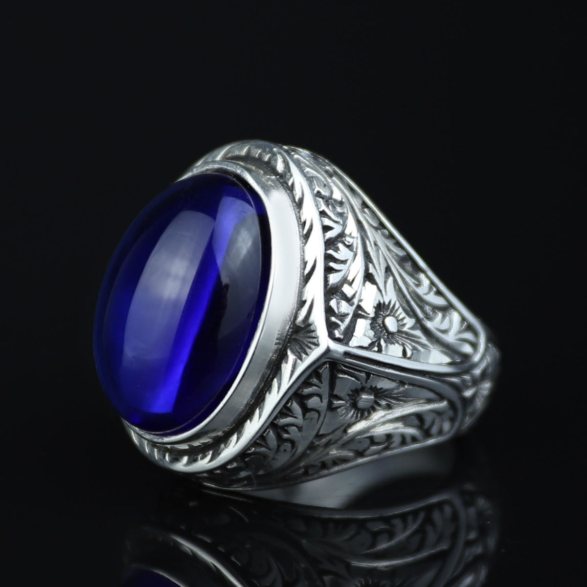 Men's Natural Sapphire Stone Ring, Oval Dark Sapphire Ring, Engraved Handmade Ring, Ottoman Style Ring, 925k Sterling Silver Handmade Ring