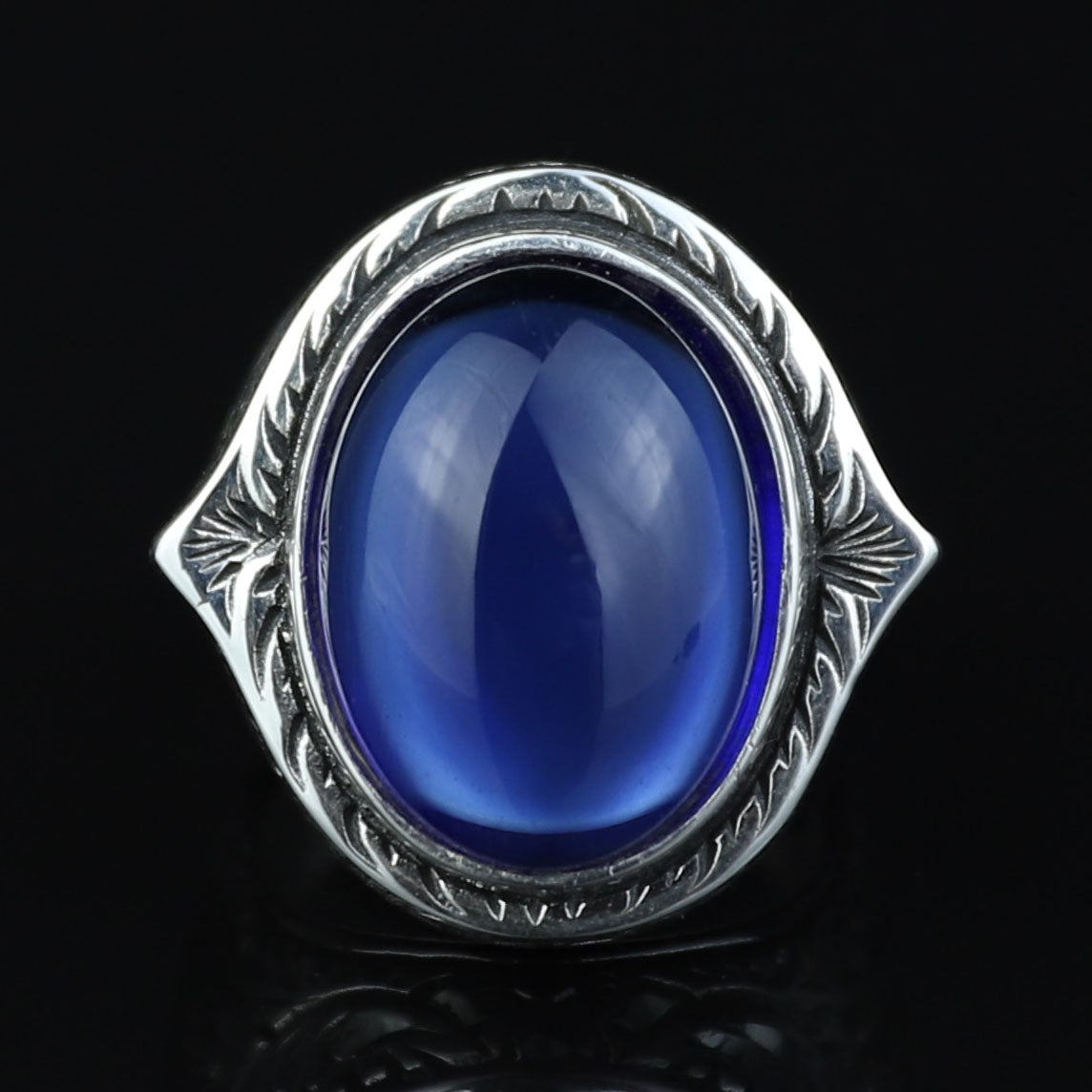 Men's Natural Sapphire Stone Ring, Oval Dark Sapphire Ring, Engraved Handmade Ring, Ottoman Style Ring, 925k Sterling Silver Handmade Ring