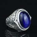 Men's Natural Sapphire Stone Ring, Oval Dark Sapphire Ring, Engraved Handmade Ring, Ottoman Style Ring, 925k Sterling Silver Handmade Ring