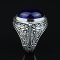 Men's Natural Sapphire Stone Ring, Oval Dark Sapphire Ring, Engraved Handmade Ring, Ottoman Style Ring, 925k Sterling Silver Handmade Ring