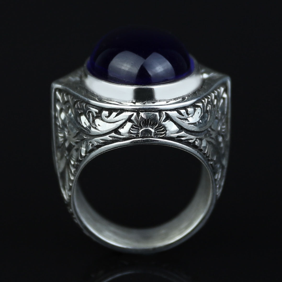 Men's Natural Sapphire Stone Ring, Oval Dark Sapphire Ring, Engraved Handmade Ring, Ottoman Style Ring, 925k Sterling Silver Handmade Ring