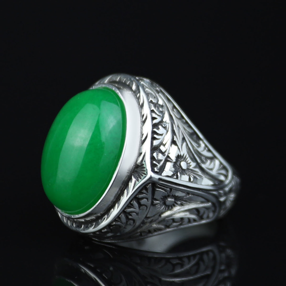 925 Silver Jade Stone Ring, Men Green Jade Stone Ottoman Ring, Handmade Engraved Jade Ring, Natural Jade Ottoman Style Ring, 925k Silver