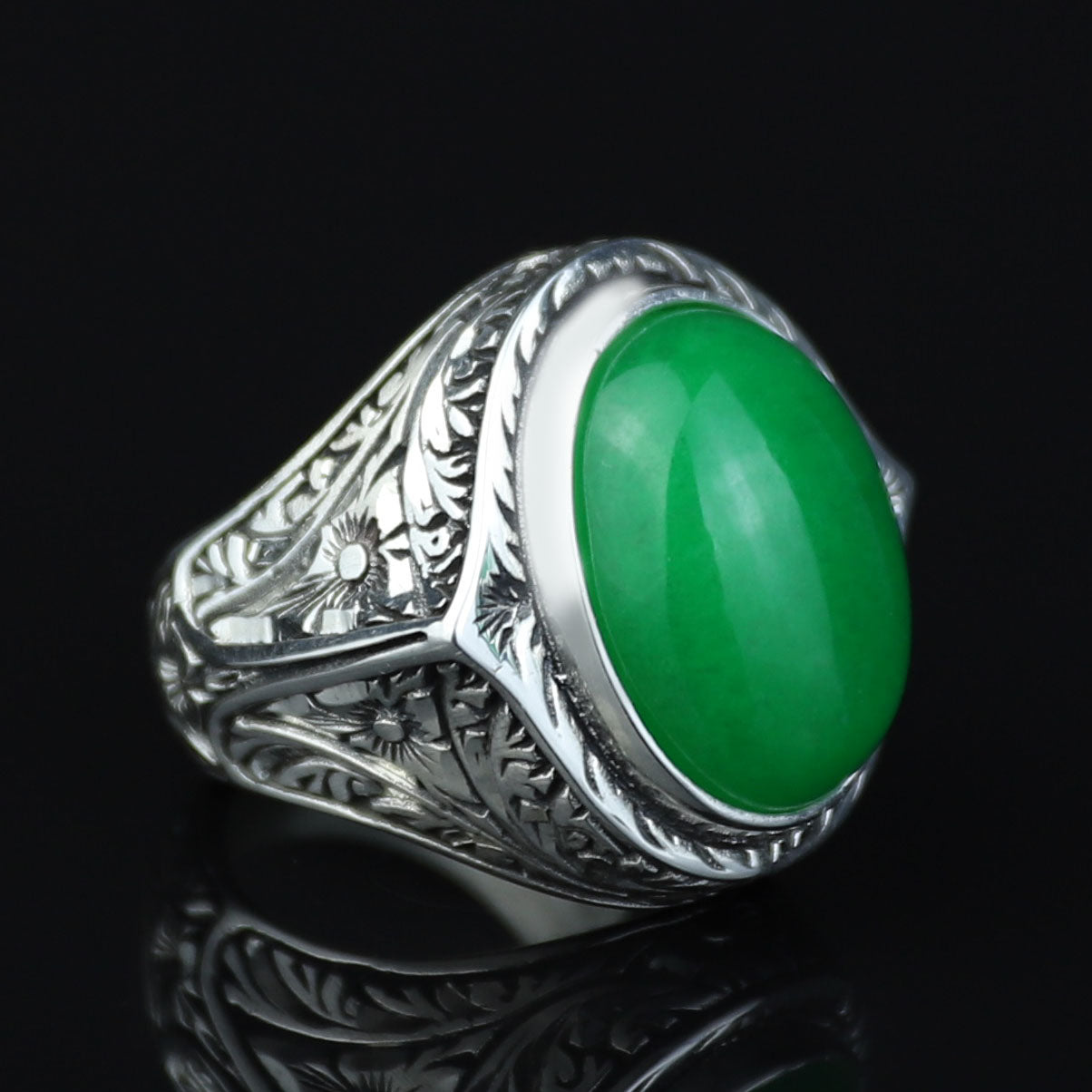 925 Silver Jade Stone Ring, Men Green Jade Stone Ottoman Ring, Handmade Engraved Jade Ring, Natural Jade Ottoman Style Ring, 925k Silver