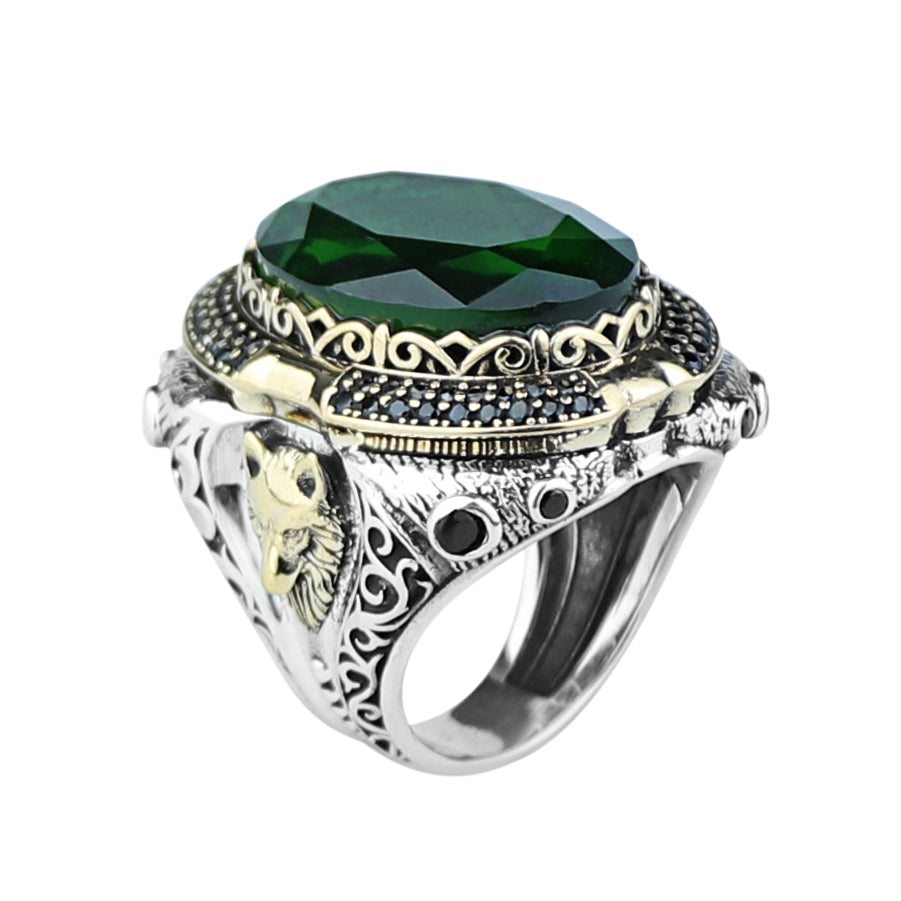 Anillo de sello Salomón grande para hombre con gema de esmeralda y figura de lobo.