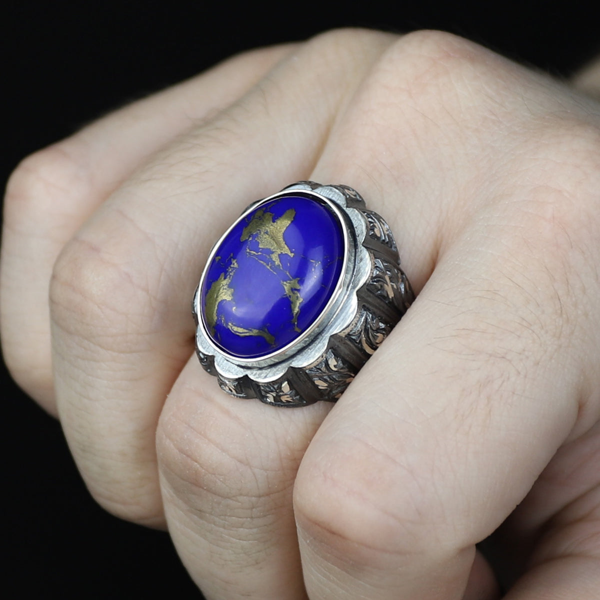 Men Handmade Engraved Natural Lapis Lazuli Gemstone Ottoman Style Ring