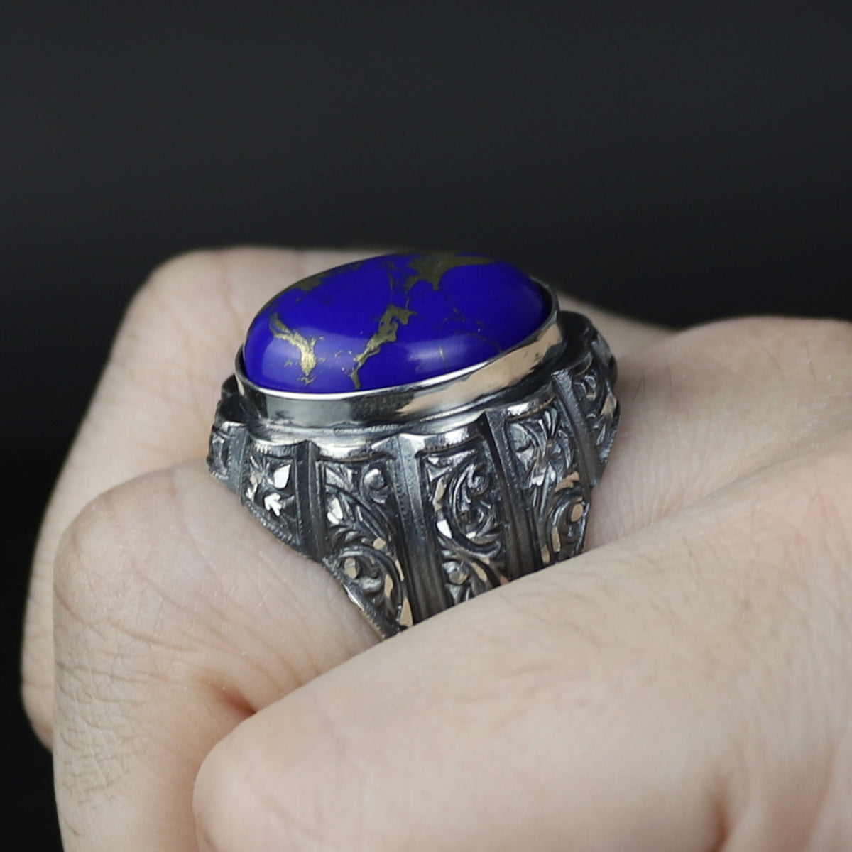 Men Handmade Engraved Natural Lapis Lazuli Gemstone Ottoman Style Ring