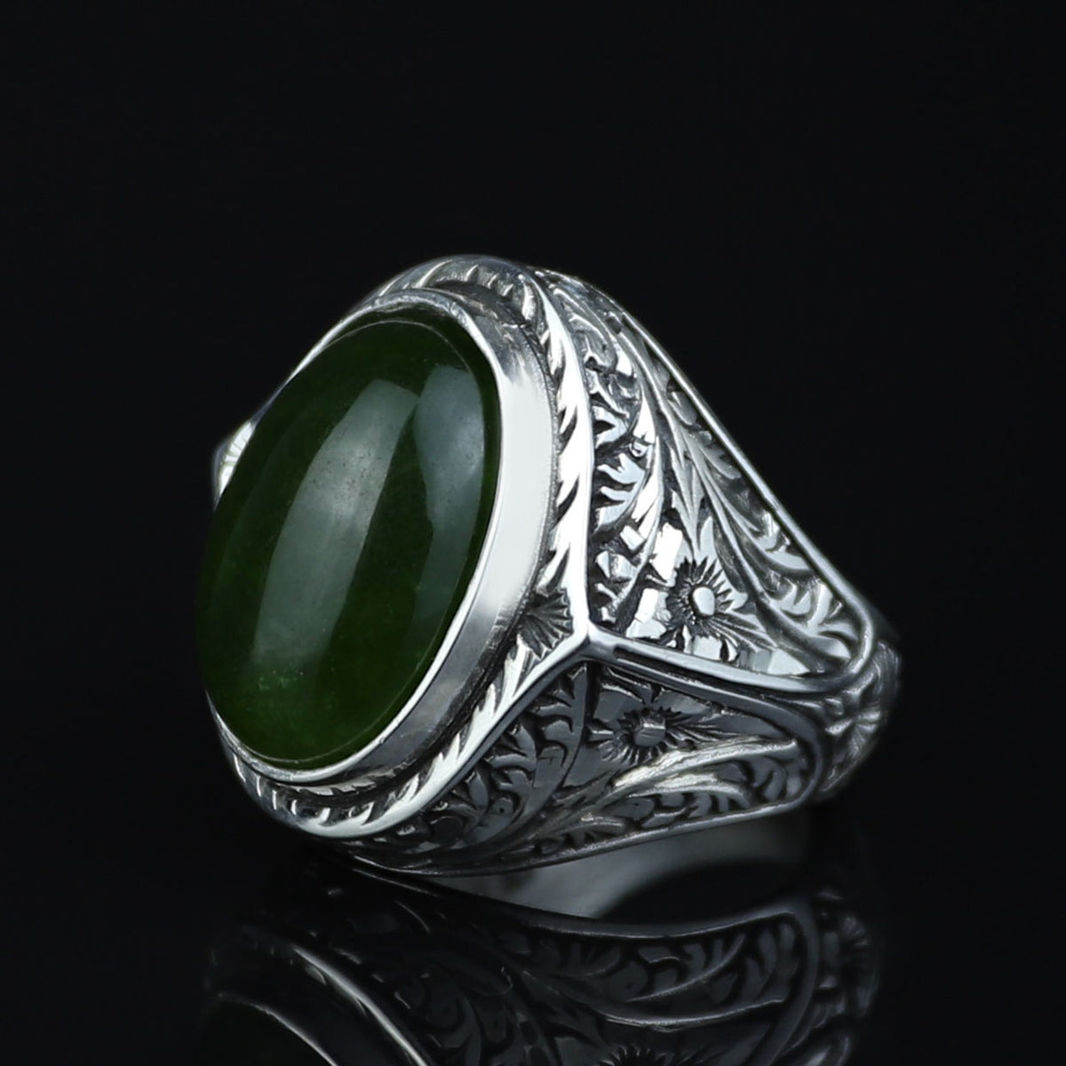Men Large Jade Stone Ring, Natural Engraved Jade Stone Ring, Ottoman Style Jade Ring, Natural Jade Vintage Style Ring, 925k Sterling Silver