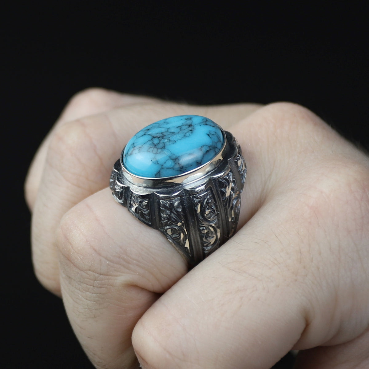 925 Silver Men Handmade Engraved Turkish Ottoman Style Ring