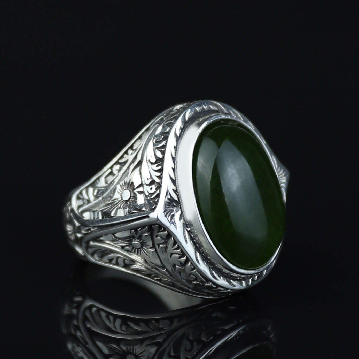 Men Large Jade Stone Ring, Natural Engraved Jade Stone Ring, Ottoman Style Jade Ring, Natural Jade Vintage Style Ring, 925k Sterling Silver