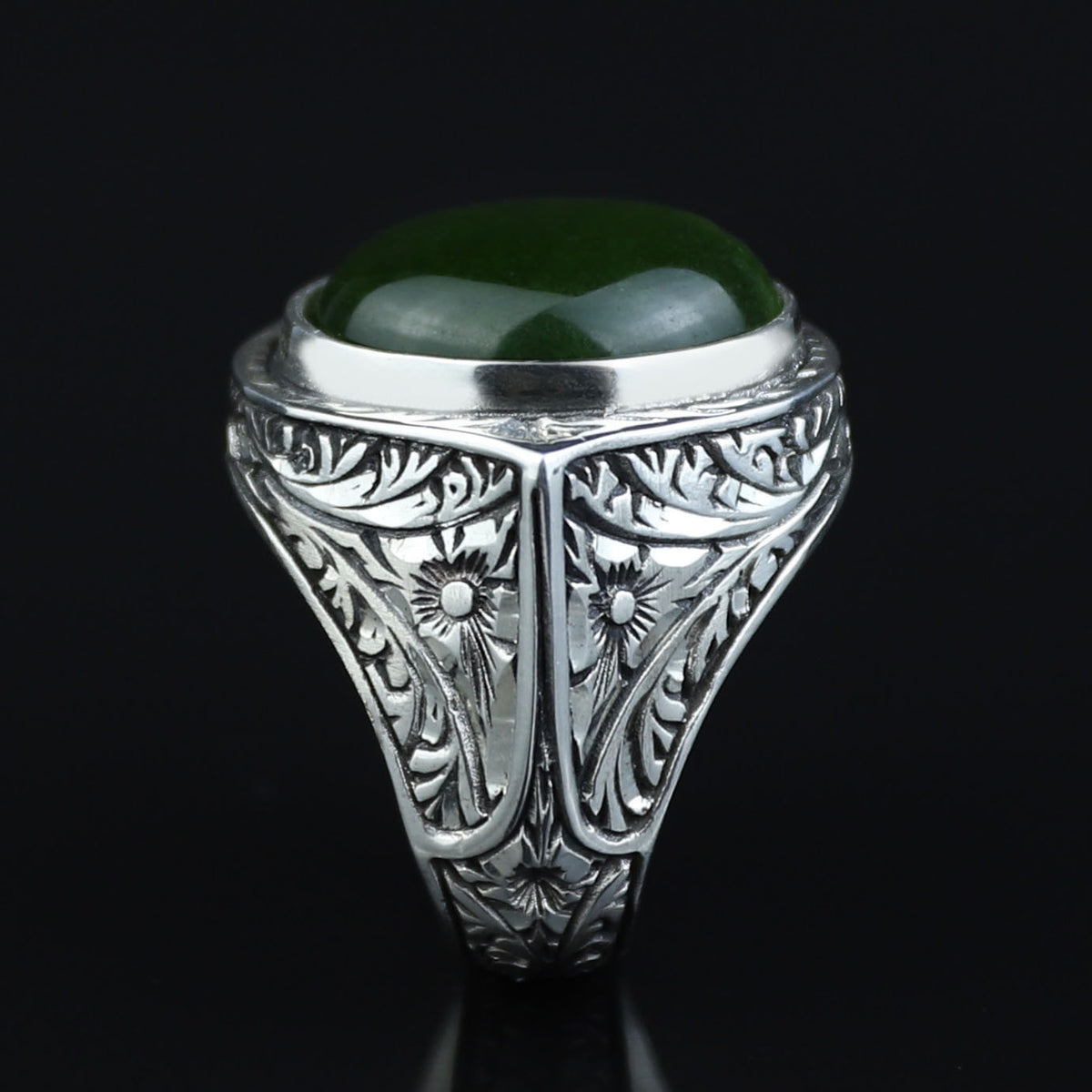 Men Large Jade Stone Ring, Natural Engraved Jade Stone Ring, Ottoman Style Jade Ring, Natural Jade Vintage Style Ring, 925k Sterling Silver