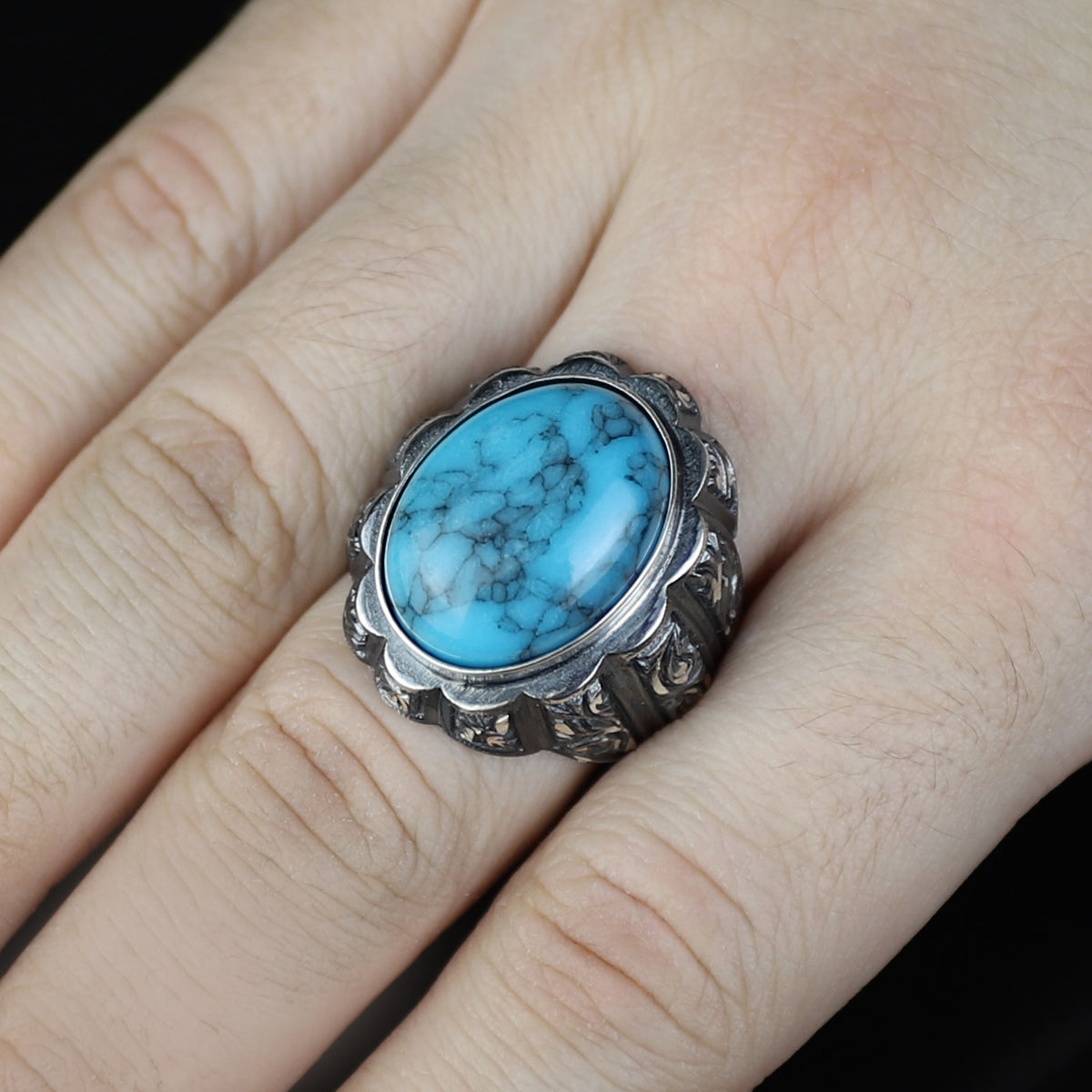 925 Silver Men Handmade Engraved Turkish Ottoman Style Ring