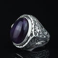 Men Silver Natural Amethyst Ring, Engraved Hanmdade Amethyst Ring, Handmade Engraved Ring, Purple Gemstone Ring, Vintage Silver Ring