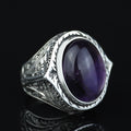 Men Silver Natural Amethyst Ring, Engraved Hanmdade Amethyst Ring, Handmade Engraved Ring, Purple Gemstone Ring, Vintage Silver Ring