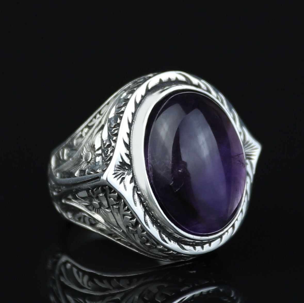 Men Silver Natural Amethyst Ring, Engraved Hanmdade Amethyst Ring, Handmade Engraved Ring, Purple Gemstone Ring, Vintage Silver Ring