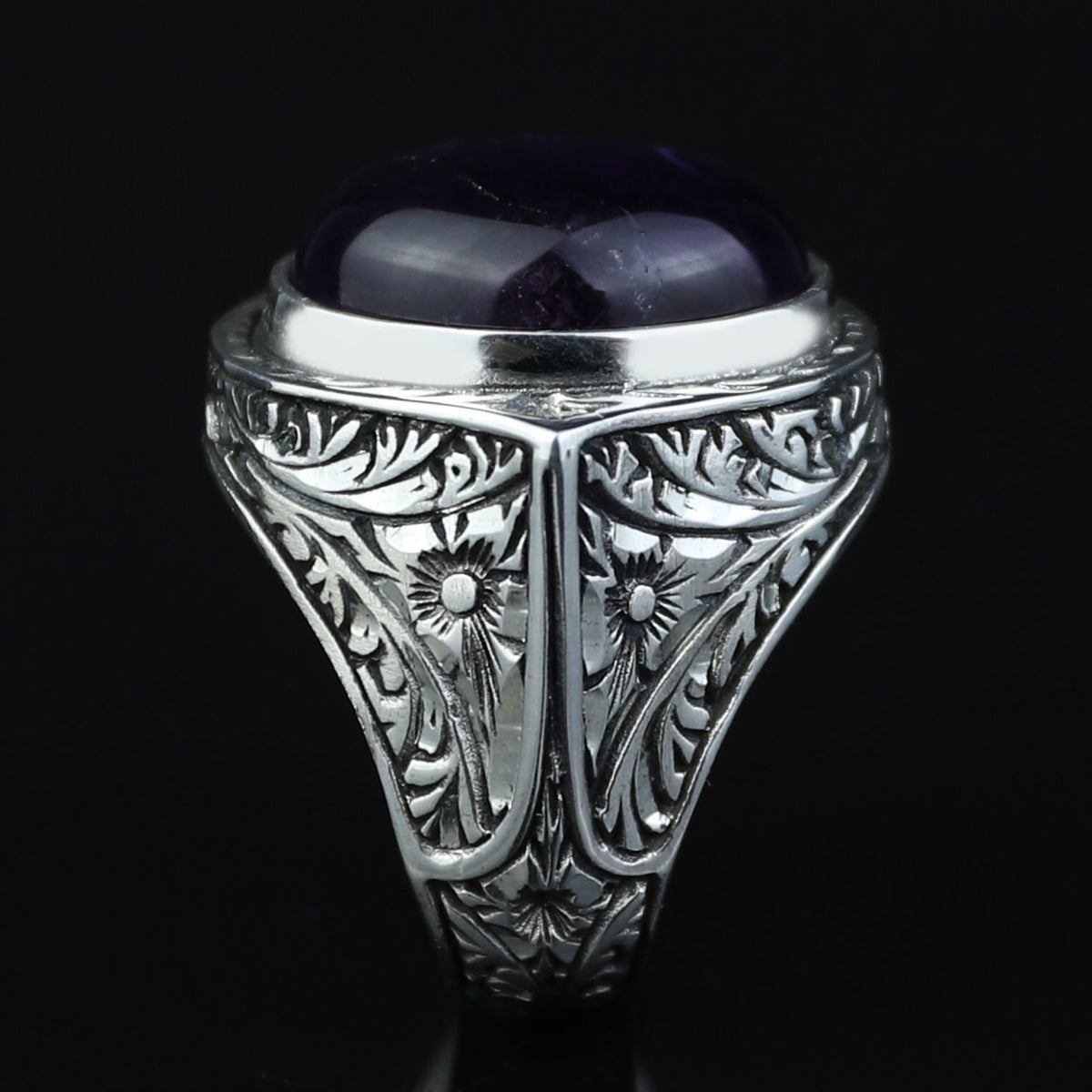 Men Silver Natural Amethyst Ring, Engraved Hanmdade Amethyst Ring, Handmade Engraved Ring, Purple Gemstone Ring, Vintage Silver Ring