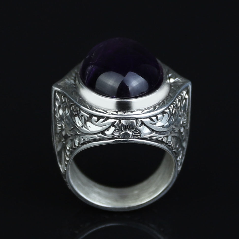 Men Silver Natural Amethyst Ring, Engraved Hanmdade Amethyst Ring, Handmade Engraved Ring, Purple Gemstone Ring, Vintage Silver Ring