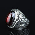 Men Silver Oval Ruby Stone Ring, Zircon Red Stone Ring, Engraved Style Handmade Ring, 925k Sterling Silver Ring , Gift For Him