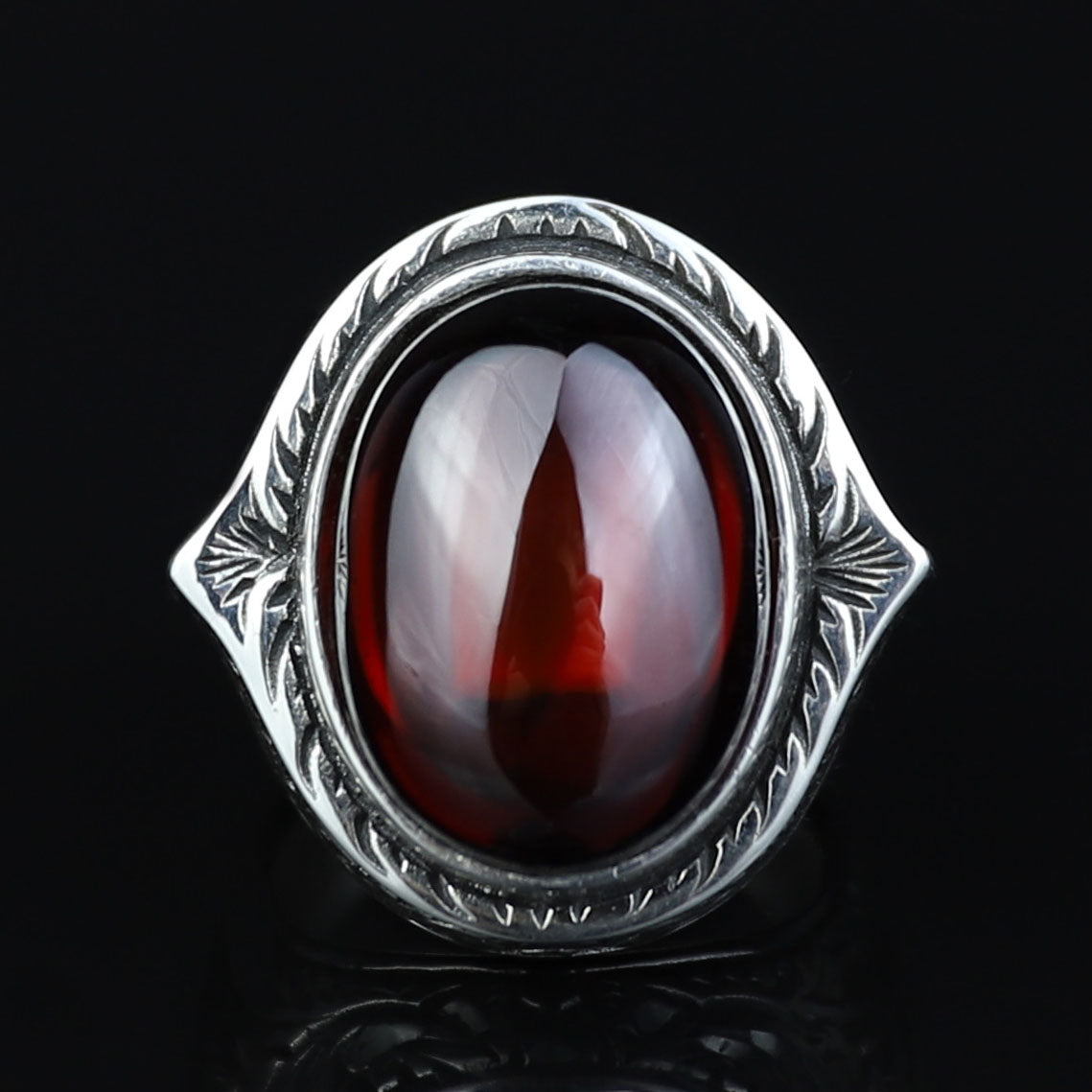 Men Silver Oval Ruby Stone Ring, Zircon Red Stone Ring, Engraved Style Handmade Ring, 925k Sterling Silver Ring , Gift For Him