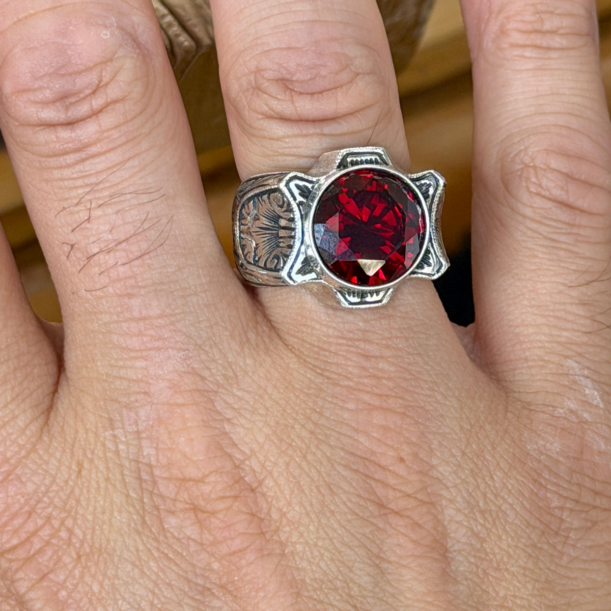 925 Sterling Silver Garnet Ring for Men – Handmade Vintage Style