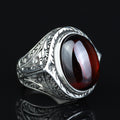 Men Silver Oval Ruby Stone Ring, Zircon Red Stone Ring, Engraved Style Handmade Ring, 925k Sterling Silver Ring , Gift For Him