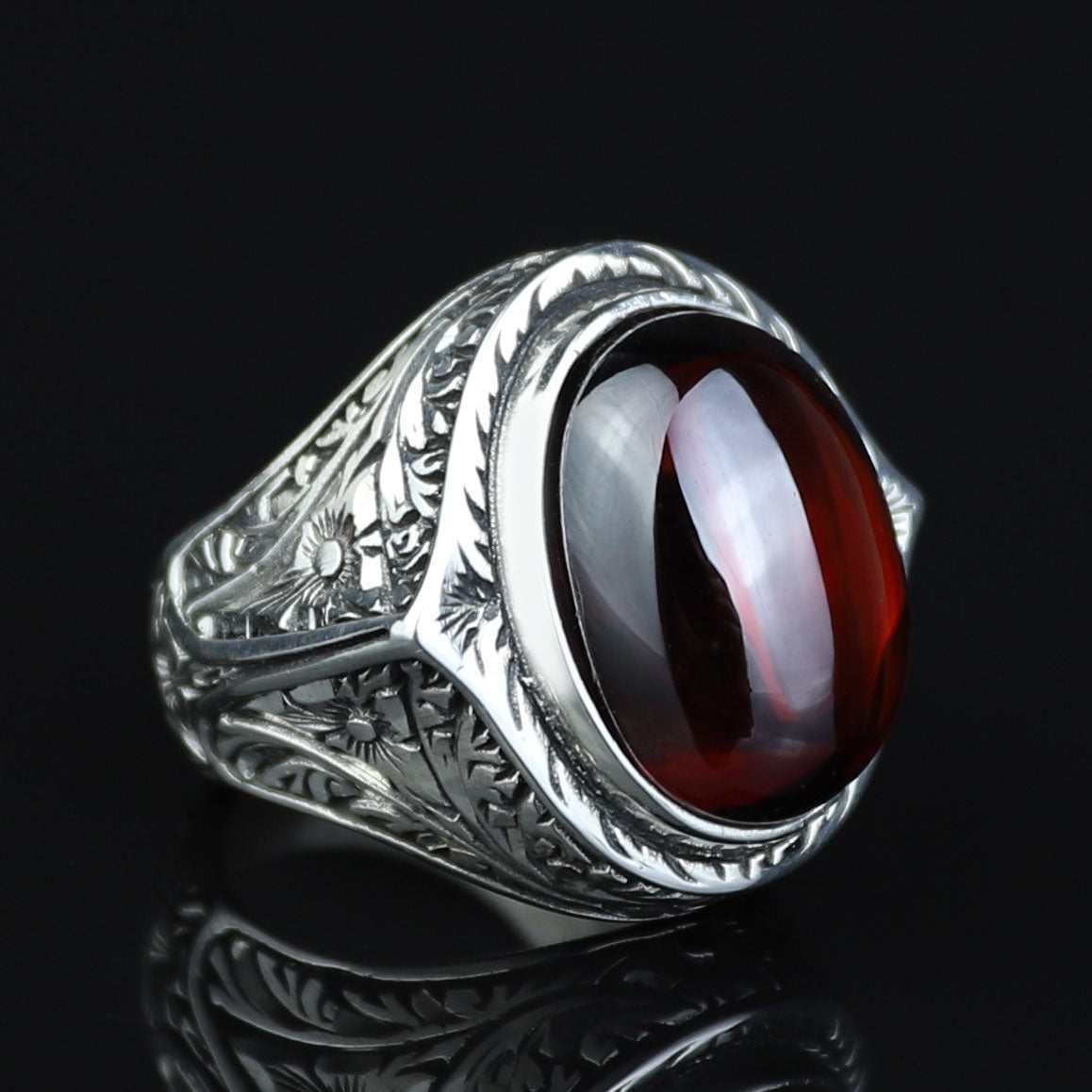 Men Silver Oval Ruby Stone Ring, Zircon Red Stone Ring, Engraved Style Handmade Ring, 925k Sterling Silver Ring , Gift For Him