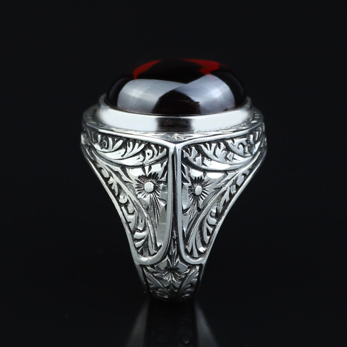 Men Silver Oval Ruby Stone Ring, Zircon Red Stone Ring, Engraved Style Handmade Ring, 925k Sterling Silver Ring , Gift For Him