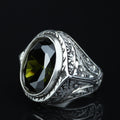 925 Silver Handmade Peridot Gemstone Ring, Engraved Green Gemstone Men Ring, Handmade Gemstone Men Ring, Floral Engraved Ring, Gift For Men