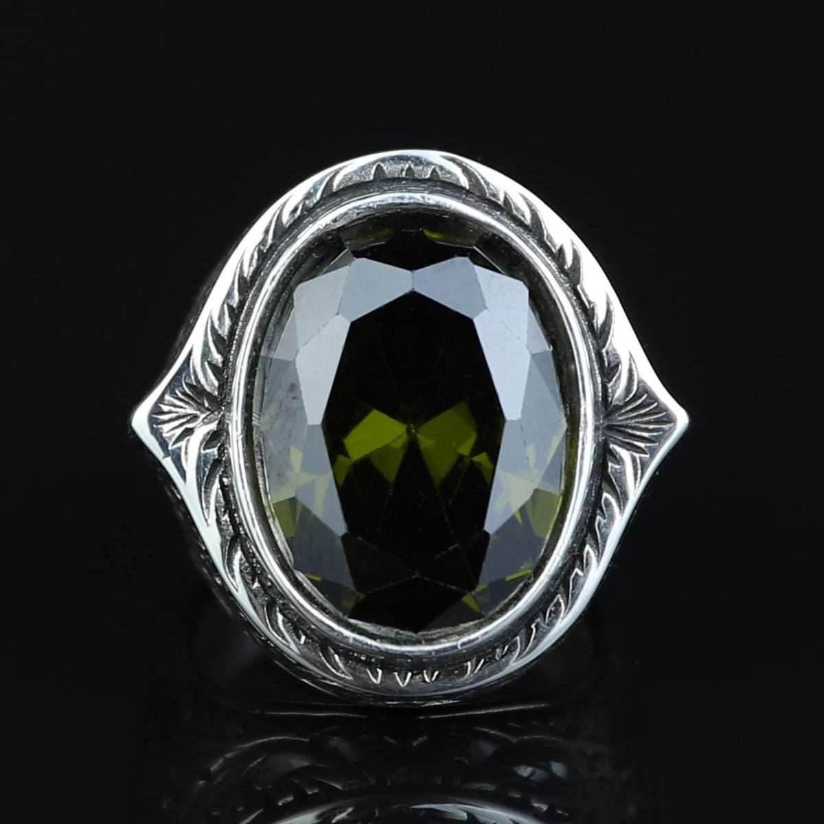 925 Silver Handmade Peridot Gemstone Ring, Engraved Green Gemstone Men Ring, Handmade Gemstone Men Ring, Floral Engraved Ring, Gift For Men