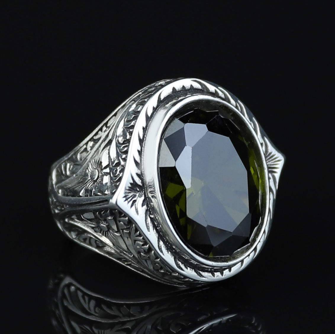 925 Silver Handmade Peridot Gemstone Ring, Engraved Green Gemstone Men Ring, Handmade Gemstone Men Ring, Floral Engraved Ring, Gift For Men