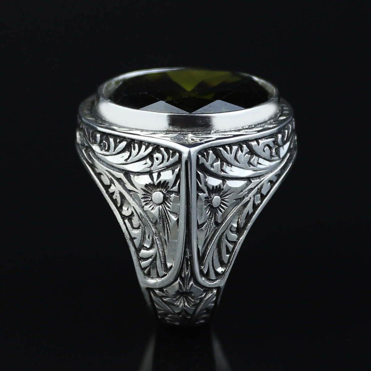925 Silver Handmade Peridot Gemstone Ring, Engraved Green Gemstone Men Ring, Handmade Gemstone Men Ring, Floral Engraved Ring, Gift For Men