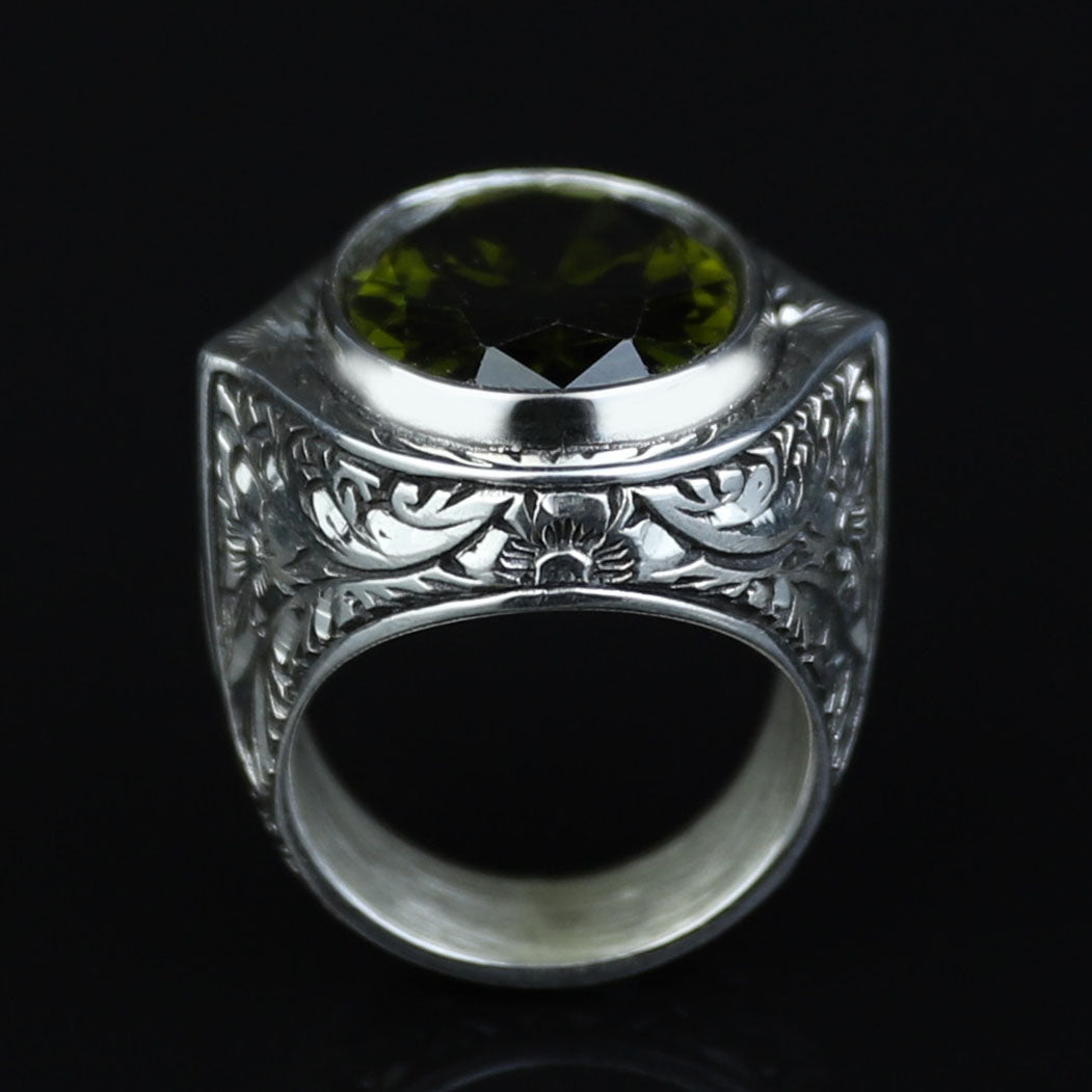 925 Silver Handmade Peridot Gemstone Ring, Engraved Green Gemstone Men Ring, Handmade Gemstone Men Ring, Floral Engraved Ring, Gift For Men
