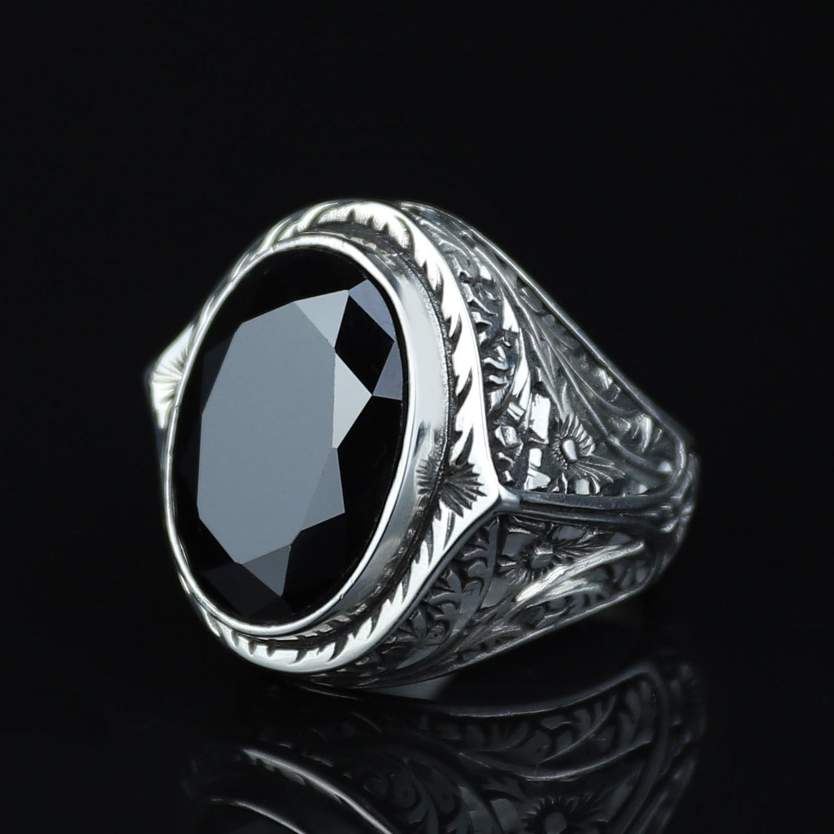 925 Silver Black Stone Silver Ring, Ottoman Style Man Ring, Engraved Zircon Men's Ring, Zircon Stone Ring, 925k Sterling Silver Ring