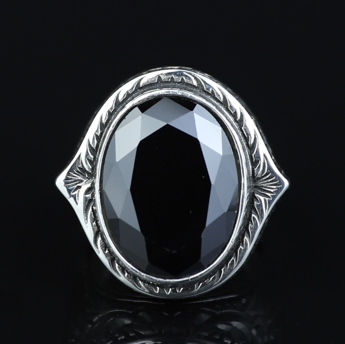 925 Silver Black Stone Silver Ring, Ottoman Style Man Ring, Engraved Zircon Men's Ring, Zircon Stone Ring, 925k Sterling Silver Ring